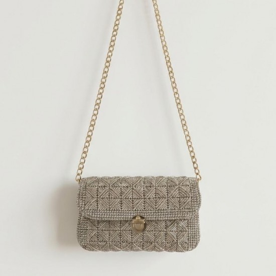 Needlepoint Crossbody Bag, Geometric Crochet Purse, Gold Chain Strap, Evening Clutch, Textured Shoulder Bag