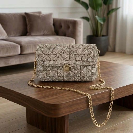 Needlepoint Crossbody Bag, Geometric Crochet Purse, Gold Chain Strap, Evening Clutch, Textured Shoulder Bag