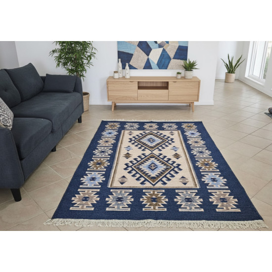 Blue & Beige Anatolian Kilim Rug – Vintage Bohemian Reversible Area Rug by Motifium