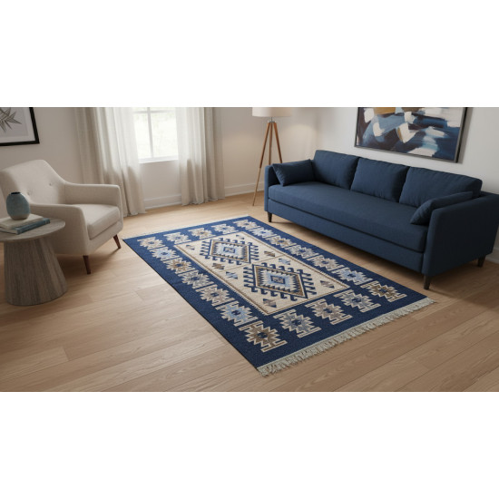 Blue & Beige Anatolian Kilim Rug – Vintage Bohemian Reversible Area Rug by Motifium