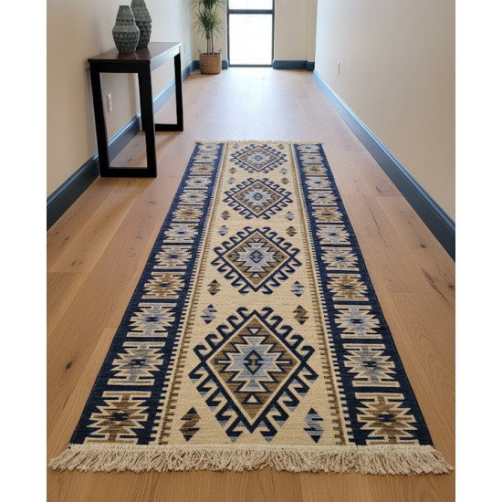Blue & Beige Anatolian Kilim Rug – Vintage Bohemian Reversible Area Rug by Motifium