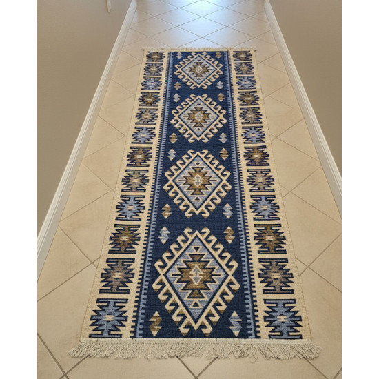Blue & Beige Anatolian Kilim Rug – Vintage Bohemian Reversible Area Rug by Motifium