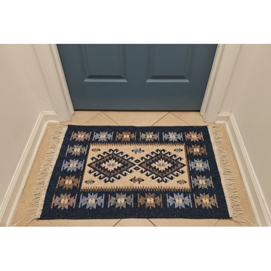 Blue & Beige Anatolian Kilim Rug – Vintage Bohemian Reversible Area Rug by Motifium