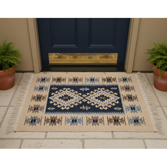 Blue & Beige Anatolian Kilim Rug – Vintage Bohemian Reversible Area Rug by Motifium