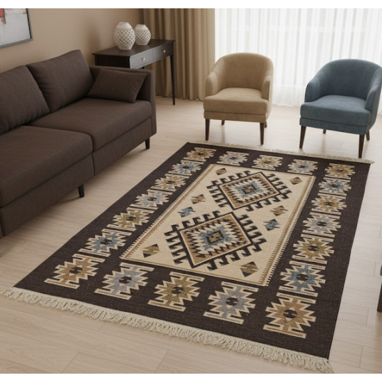 Brown & Beige Anatolian Kilim Rug – Vintage Bohemian Reversible Area Rug by Motifium