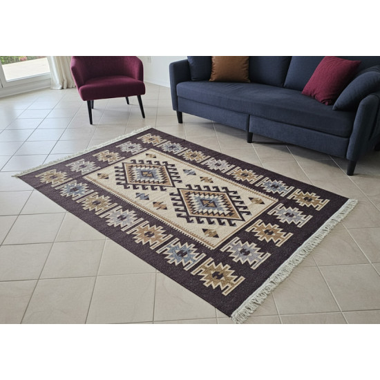 Brown & Beige Anatolian Kilim Rug – Vintage Bohemian Reversible Area Rug by Motifium