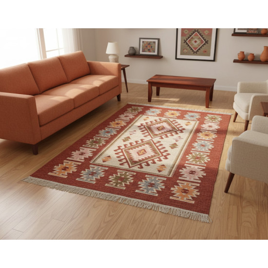 Orange & Beige Anatolian Kilim Rug – Vintage Bohemian Reversible Area Rug by Motifium