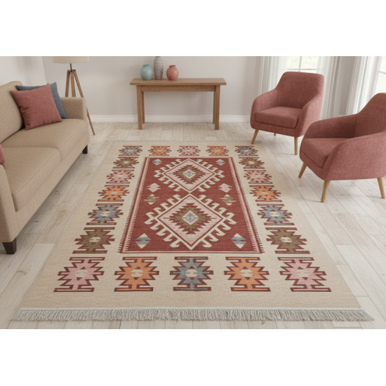 Orange & Beige Anatolian Kilim Rug – Vintage Bohemian Reversible Area Rug by Motifium