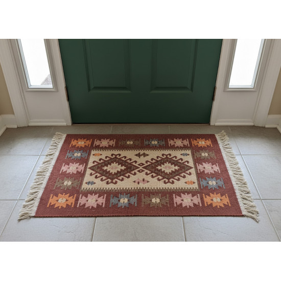 Orange & Beige Anatolian Kilim Rug – Vintage Bohemian Reversible Area Rug by Motifium