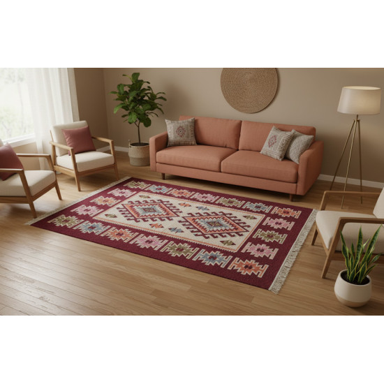 Red & Beige Anatolian Kilim Rug – Vintage Bohemian Reversible Area Rug by Motifium