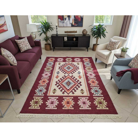 Red & Beige Anatolian Kilim Rug – Vintage Bohemian Reversible Area Rug by Motifium