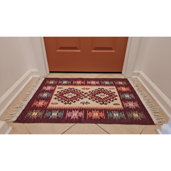 Red & Beige Anatolian Kilim Rug – Vintage Bohemian Reversible Area Rug by Motifium